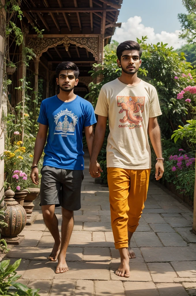 20 year old boy walking and holding hand with Lord Ganesha, boy is bare feet wearing saffron T-shirt with name "Harish" written boldly, environment is gorgeous, background is garden, both are in focus, ultra clear, hyper detailed image, Boy and Ganesh ji looking straight.
