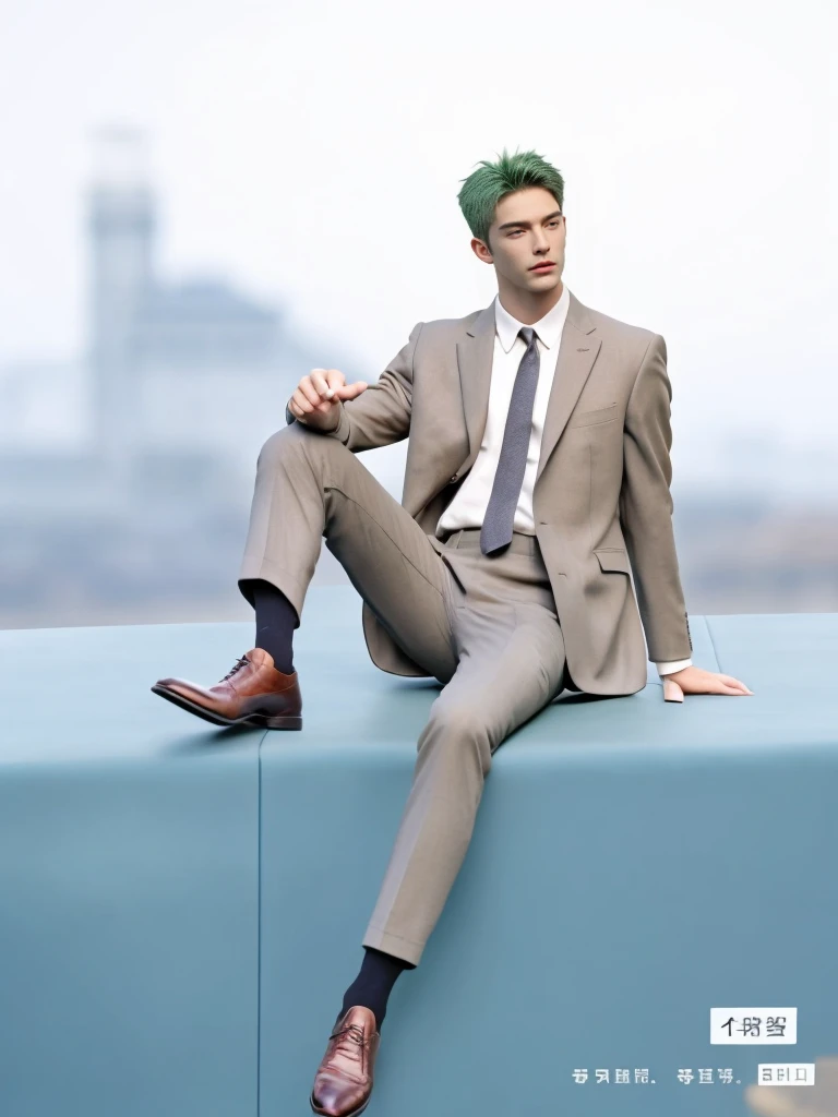 1 man, handsome, muscular, green hair, scar, black suit, black Oxford shoes, black socks, best quality, masterpiece, sitting, 