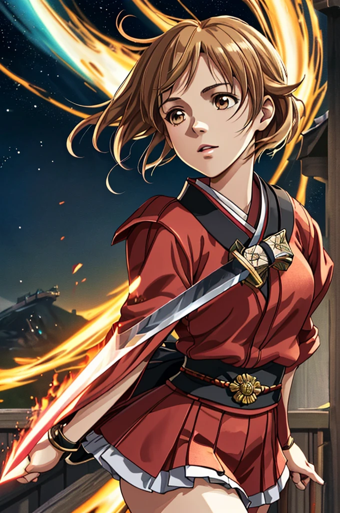 Highest quality，High resolution， ((Haruka Amami)) ，（Idolmaster），Two knots，（fan），One person，warrior，（Red_coat），kimono，woman，One personで，Xenoglacia，strongest，Anime Style，（Milky Way_background），(Limbs)，(Full Finger)，(Accurate fingertips), (The finer details), (Super detailed)，(Japanese sword:)，4K，(high resolution)，whole body, (Front angle), Looking at the camera,masterpiece，(Subtle details)，(Intricate details)，Octane Rendering，(Hyper Detail)，