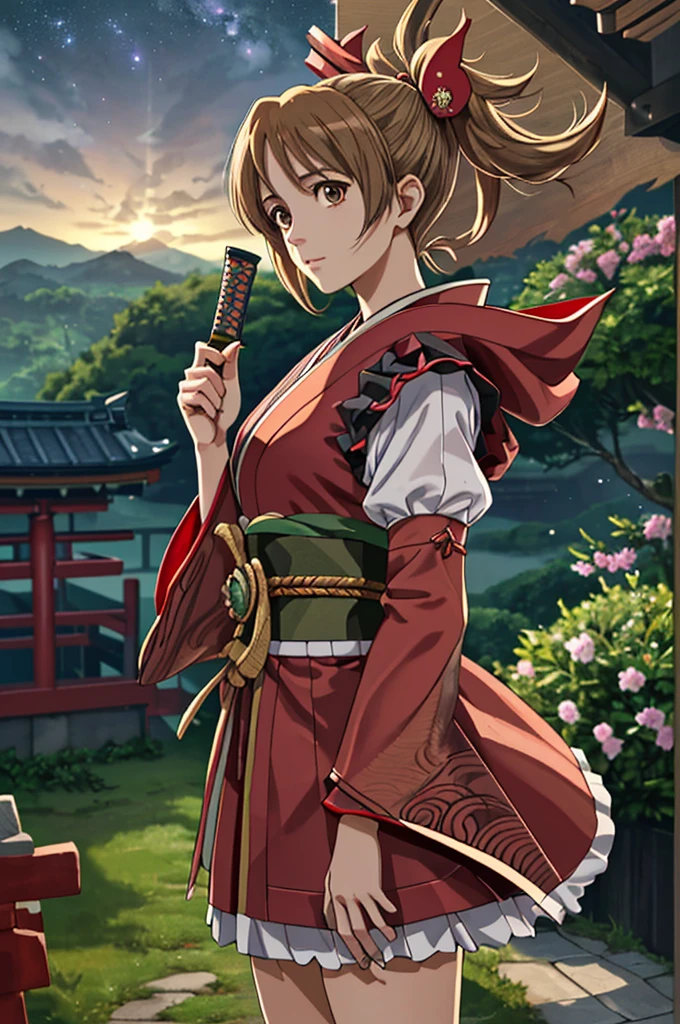 Highest quality，High resolution， ((Haruka Amami)) ，（Idolmaster），Two knots，（fan），One person，warrior，（Red_coat），kimono，woman，One personで，Xenoglacia，strongest，Anime Style，（Milky Way_background），(Limbs)，(Full Finger)，(Accurate fingertips), (The finer details), (Super detailed)，(Japanese sword:)，4K，(high resolution)，whole body, (Front angle), Looking at the camera,masterpiece，(Subtle details)，(Intricate details)，Octane Rendering，(Hyper Detail)，