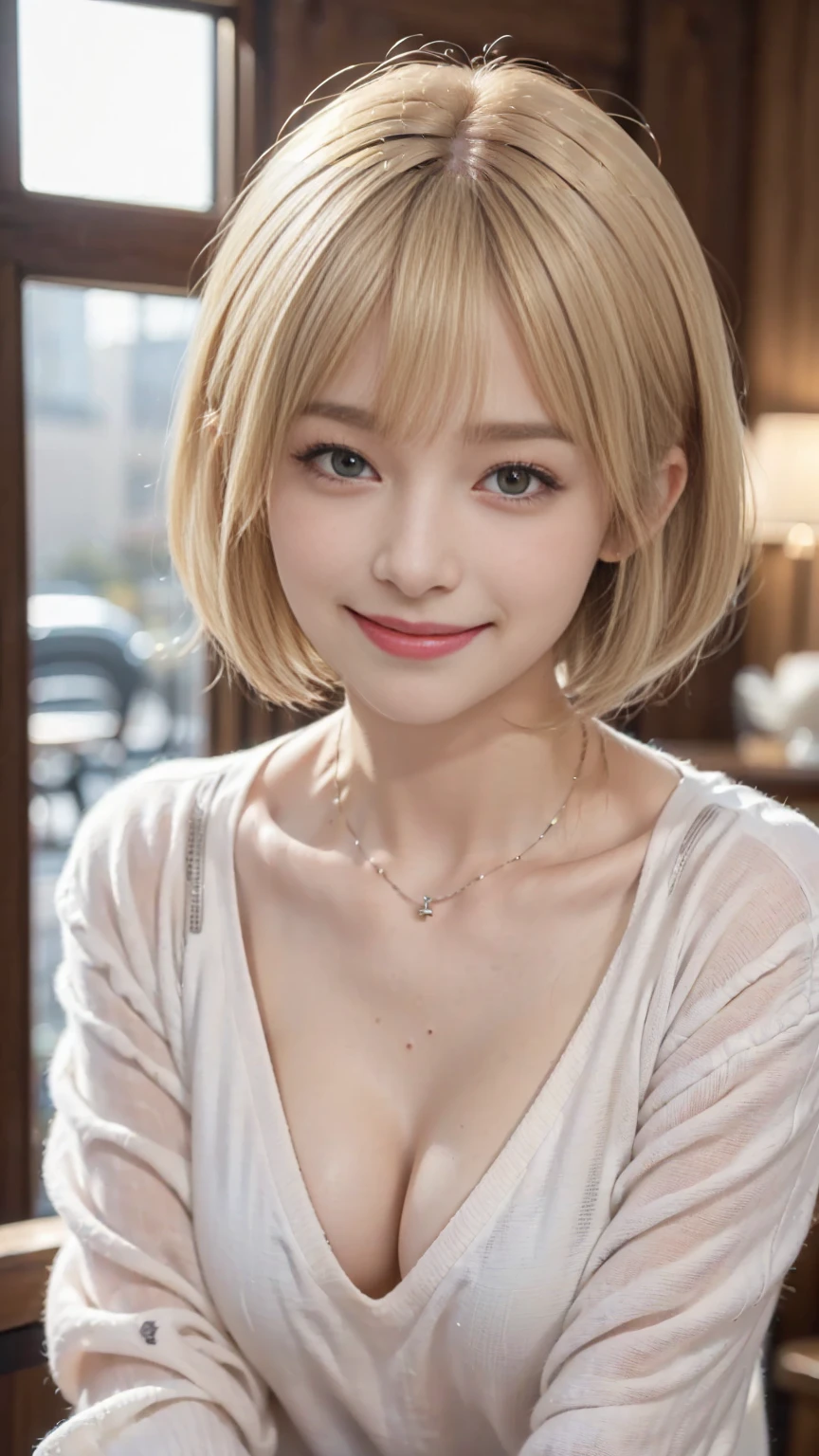 ((Highest quality、The pieces fly、High resolution、Zoom Photo))、(((Zoom Photo:1.95、Zoom Photo、Cute Smile:1.5、Cute Smile、Short Hair、Blonde、bangs、Past Up)))