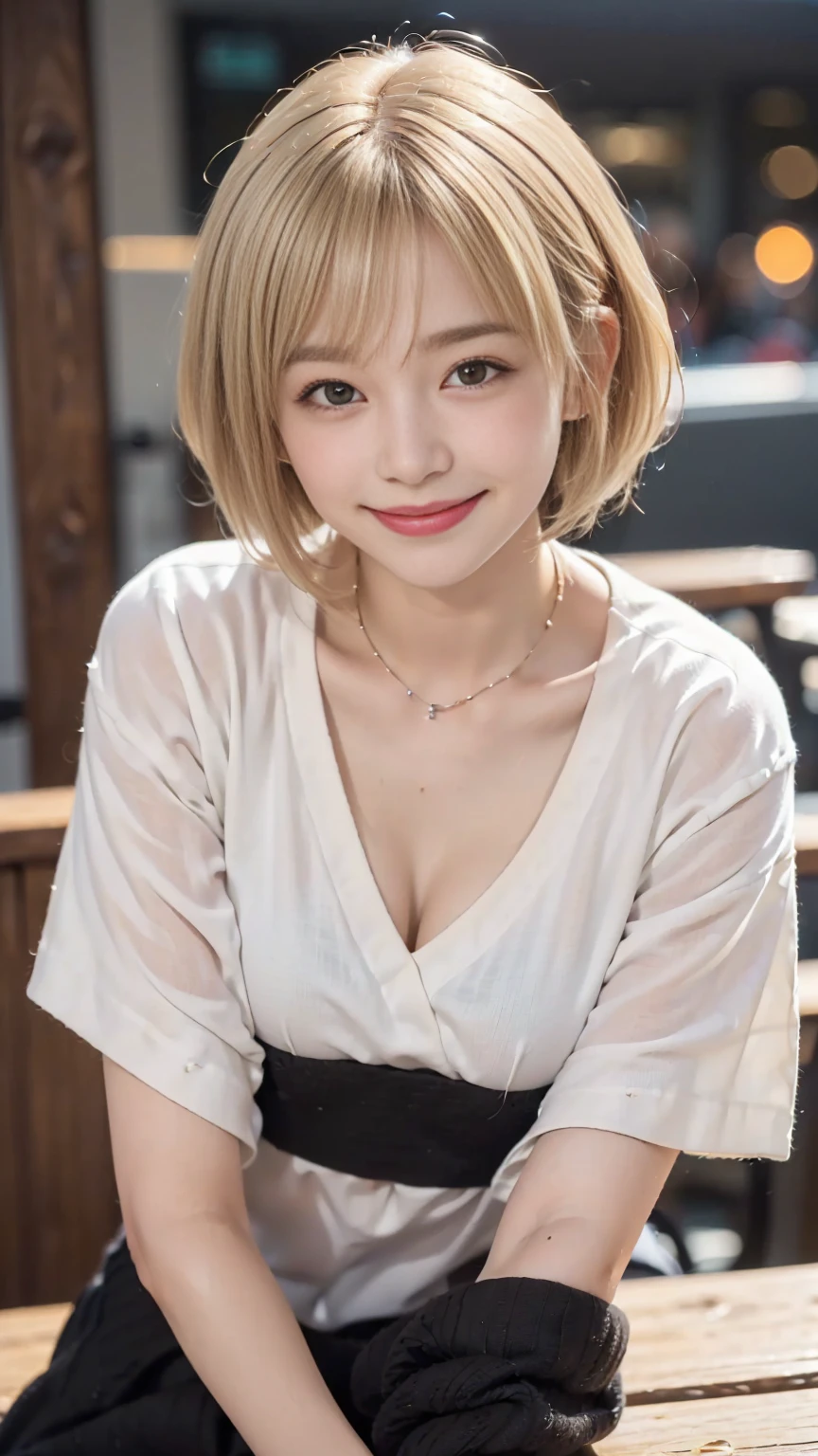 ((Highest quality、The pieces fly、High resolution、Zoom Photo))、(((Zoom Photo:1.95、Zoom Photo、Cute Smile:1.5、Cute Smile、Short Hair、Blonde、bangs、Past Up)))
