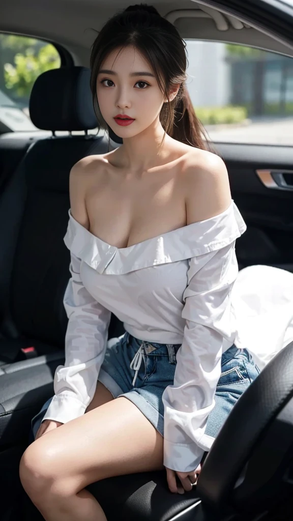 ((huge breasts 아래)), (Straight shoulder-length hair: 1.2), black hair,short ponytail，upper body, （very detailed CG 8k 벽지），（Incredibly stylish and beautiful.），（masterpiece），（best quality：1.0），（초high resolution：1.0），A beautiful light came in，Perfect 번개，Realistic Shading，[high resolution]，smooth, Perfect, fair skin，Very exquisite facial details，（Perfect 몸：1.1），very detailed，Beautiful girl，small head，(huge breasts:1.1)，attractive collarbone，Towering box，divided，chubby body type，big ass，thick thighs，thick arms，laugh，jollity，（white collar long sleeve shirt:1.1），（blue shorts：1.1），white sneakers，summer，morning，Sitting in a spacious private car，Female drivers，chest of steering wheel，Driving a car，wearing glasses, expect，enlargement，