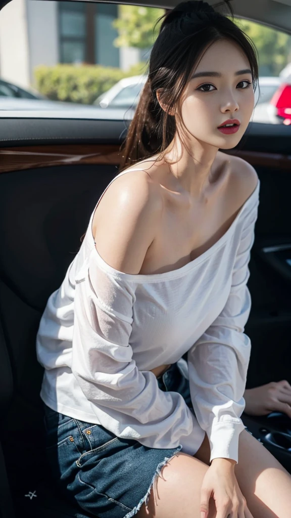 ((huge breasts 아래)), (Straight shoulder-length hair: 1.2), black hair,short ponytail，upper body, （very detailed CG 8k 벽지），（Incredibly stylish and beautiful.），（masterpiece），（best quality：1.0），（초high resolution：1.0），A beautiful light came in，Perfect 번개，Realistic Shading，[high resolution]，smooth, Perfect, fair skin，Very exquisite facial details，（Perfect 몸：1.1），very detailed，Beautiful girl，small head，(huge breasts:1.1)，attractive collarbone，Towering box，divided，chubby body type，big ass，thick thighs，thick arms，laugh，jollity，（white collar long sleeve shirt:1.1），（blue shorts：1.1），white sneakers，summer，morning，Sitting in a spacious private car，Female drivers，chest of steering wheel，Driving a car，wearing glasses, expect，enlargement，