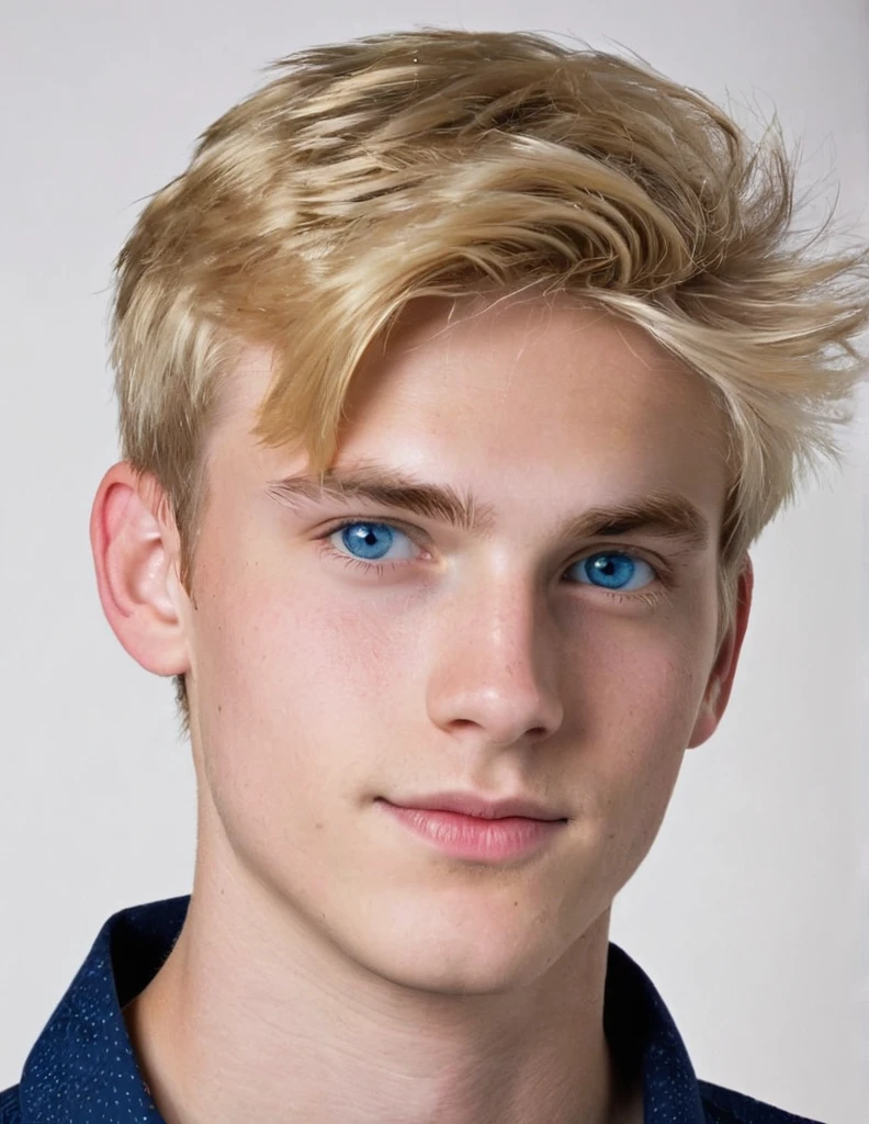 Half body image of a college going boy. He is tall, extremely handsome with cuteness. His blond hair fell on his forhead. He has deep blue eyes.