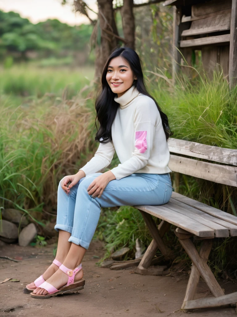 A serene photo of a young woman sitting on a wooden bench in a rustic outdoor setting. Her long black hair cascades down her back, and she is dressed in a white turtleneck, light blue jeans, and pink sandals. She holds a water bottle in her right hand, and her gentle smile conveys a sense of calm and relaxation. The weathered environment features old walls, a green metal door adorned with stickers and posters, and an Indonesian triangle flag banner. An old wooden food cart vendor adds character to the scene, while the ground beneath her is a mix of bare asphalt and patches of wild grass and leaves., photo