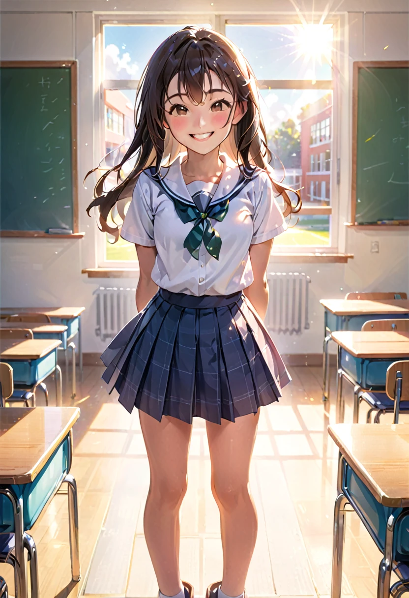 High school girl standing up straight and smiling with a big smile towards us, bright classroom, front, bright sunlight