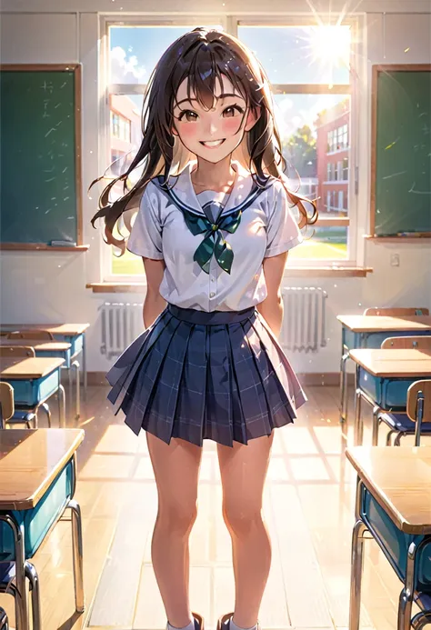 high school girl standing up straight and smiling with a big smile towards us, bright classroom, front, bright sunlight