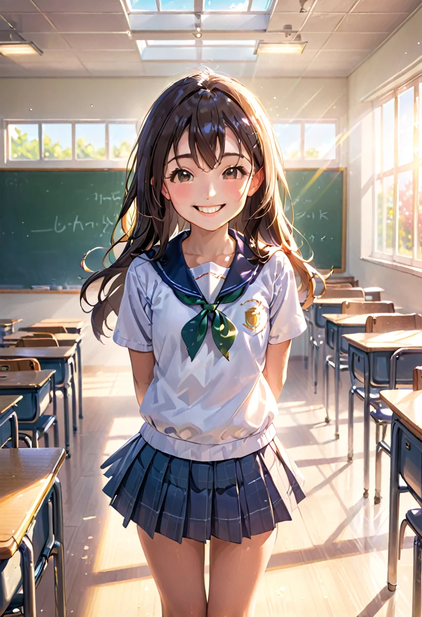 High school girl standing up straight and smiling with a big smile towards us, bright classroom, front, bright sunlight