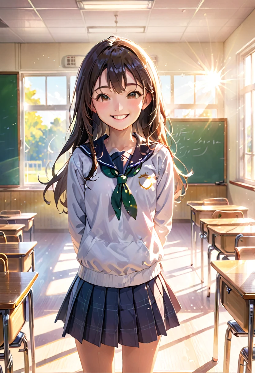 High school girl standing up straight and smiling with a big smile towards us, bright classroom, front, bright sunlight