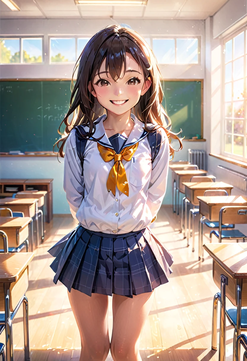 High school girl standing up straight and smiling with a big smile towards us, bright classroom, front, bright sunlight