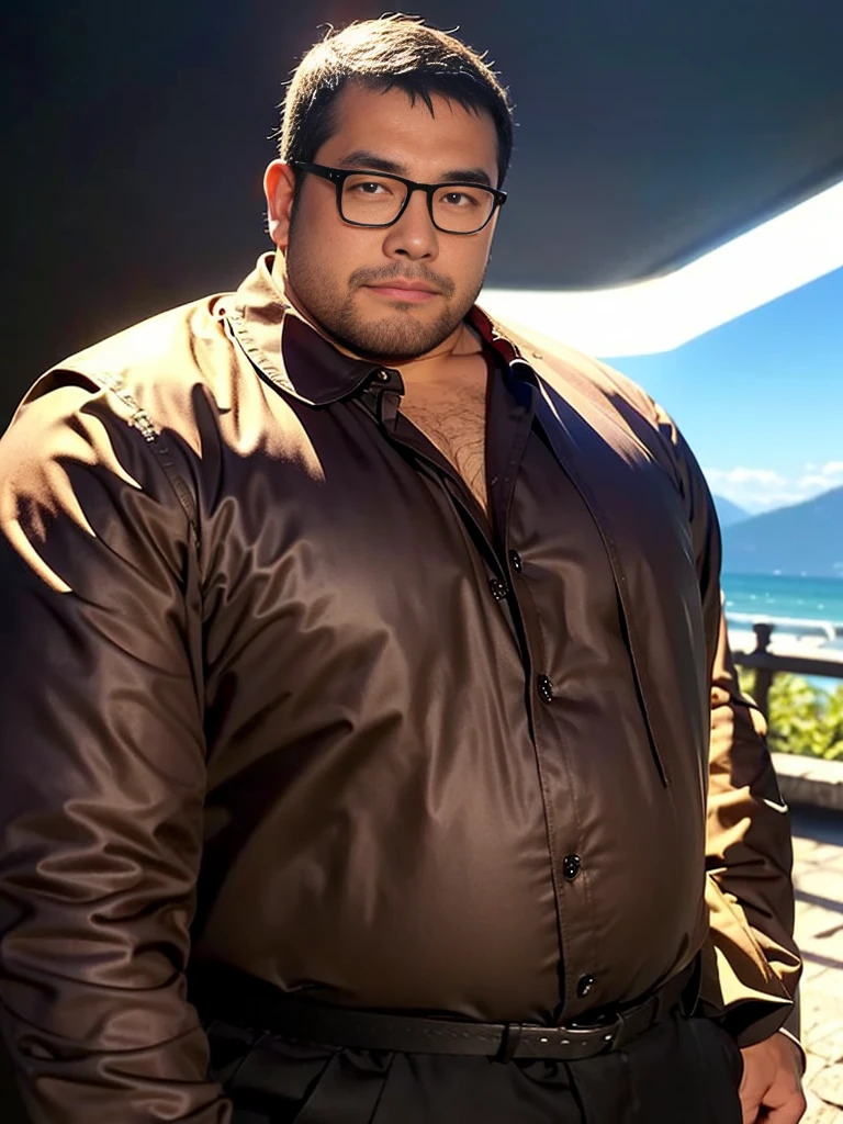 crew cut, (((full body))), (((landscape))), mature man, [slightly fat], asian man, rounded face, brown eyes, ((rounded face)), glasses, balding, 1boy, Solo, (big shoulders), (((stubbles, Short beard))),ink，Exaggerated expression，handsome man character，ink，Smudge，Line outline，ink stain，Ink stains