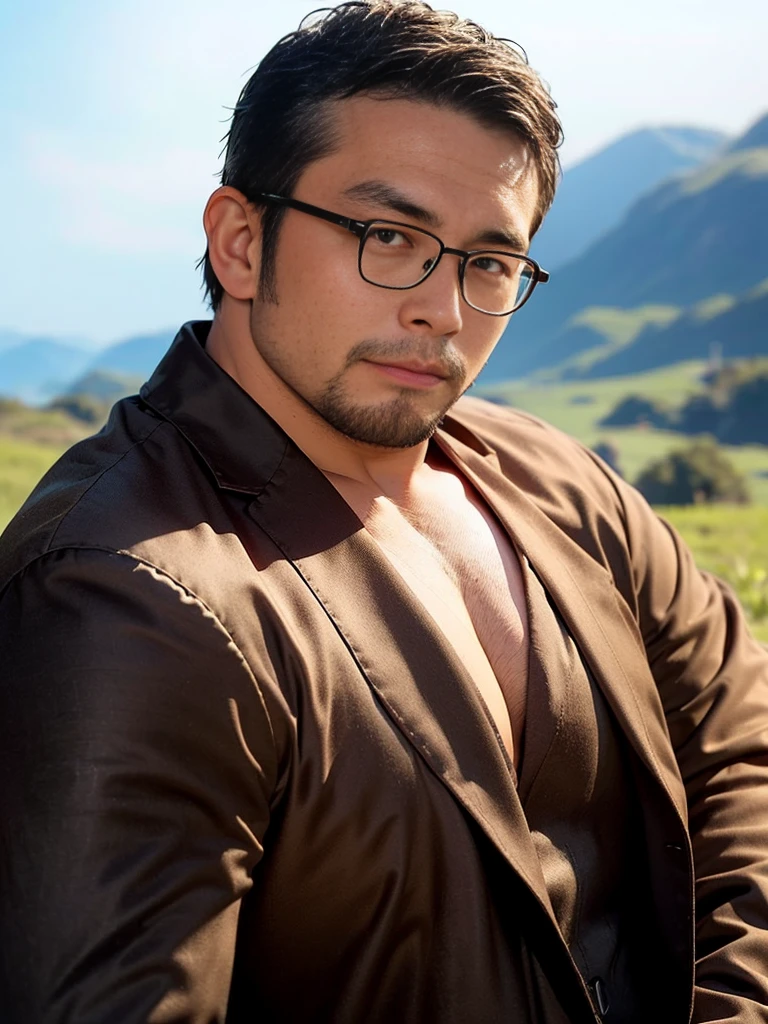 crew cut, (((full body))), (((landscape))), mature man, [slightly fat], asian man, rounded face, brown eyes, ((rounded face)), glasses, balding, 1boy, Solo, (big shoulders), (((stubbles, Short beard))),ink，Exaggerated expression，handsome man character，ink，Smudge，Line outline，ink stain，Ink stains