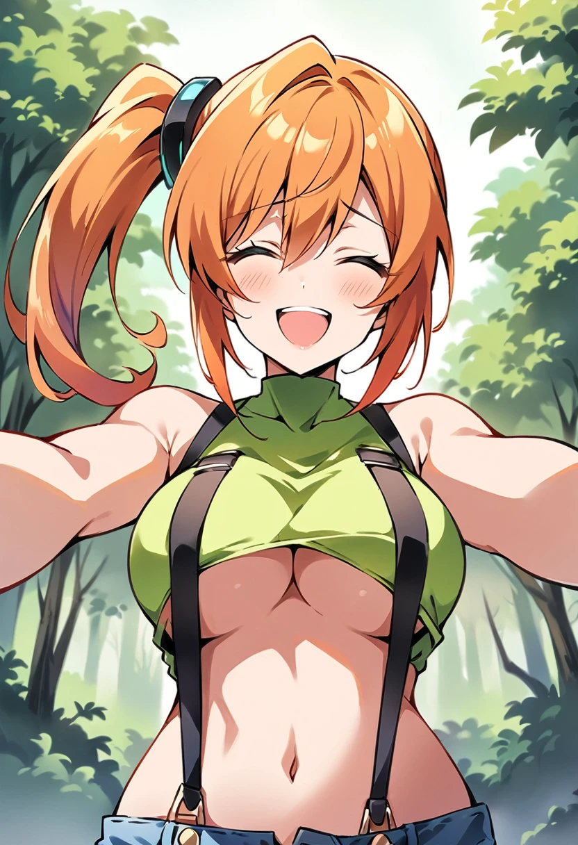 (score_9, score_8_up, score_7_up), ((best quality, masterpiece)),perfect anatomy,aesthetic,very aesthetic,official style,source_anime.from front,(front view), focus ,standing,, (maturel,misty,pokemon, solo, outdoors, green eyes, orange hair, side ponytail, yellow shirt,(stomach)), sleeveless shirt, denim shorts, suspenders, closed eyes, laughing,(under_boob)