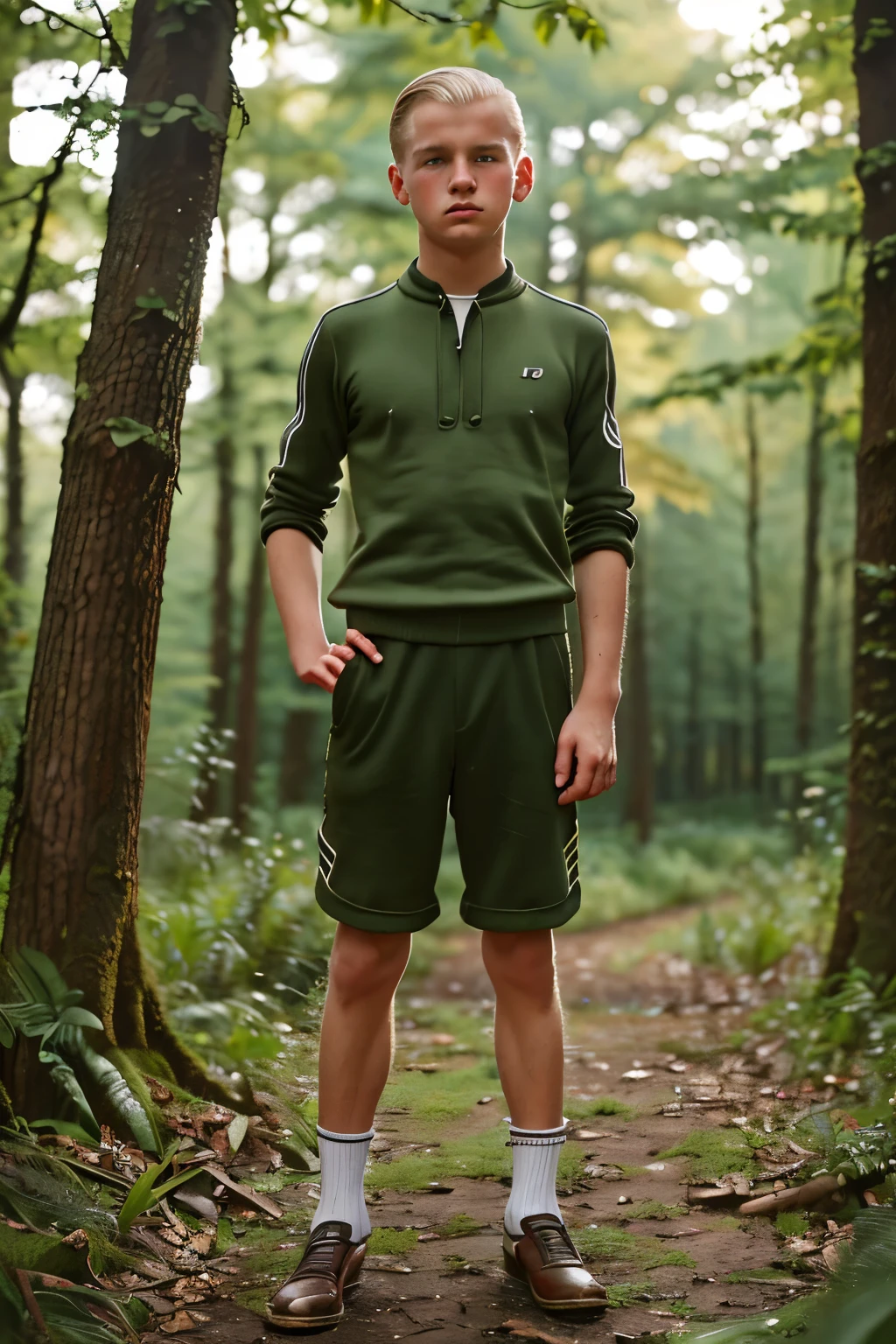 Berlin, 1942. A young ((((16-year-old)) Werner Pfennig)), young man, training in the forest, ((serious expression)), ((((clothings from the 1940s)))), ((platinum blonde hairstyle of the 1940s))