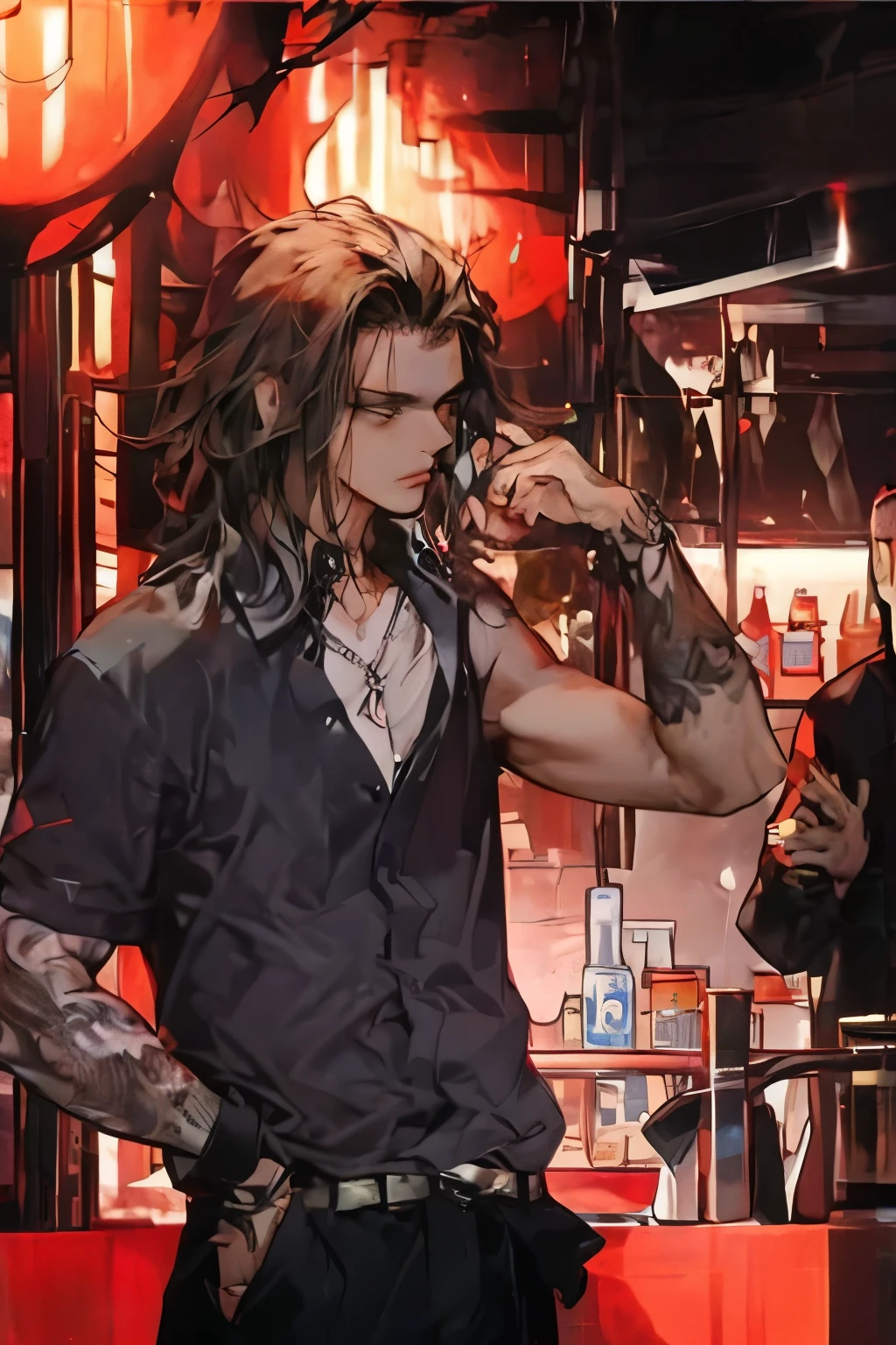 Attractive male with dark wavy hair making eye contact with the viewer while he drinks whiskey at the bar of a nightclub. 