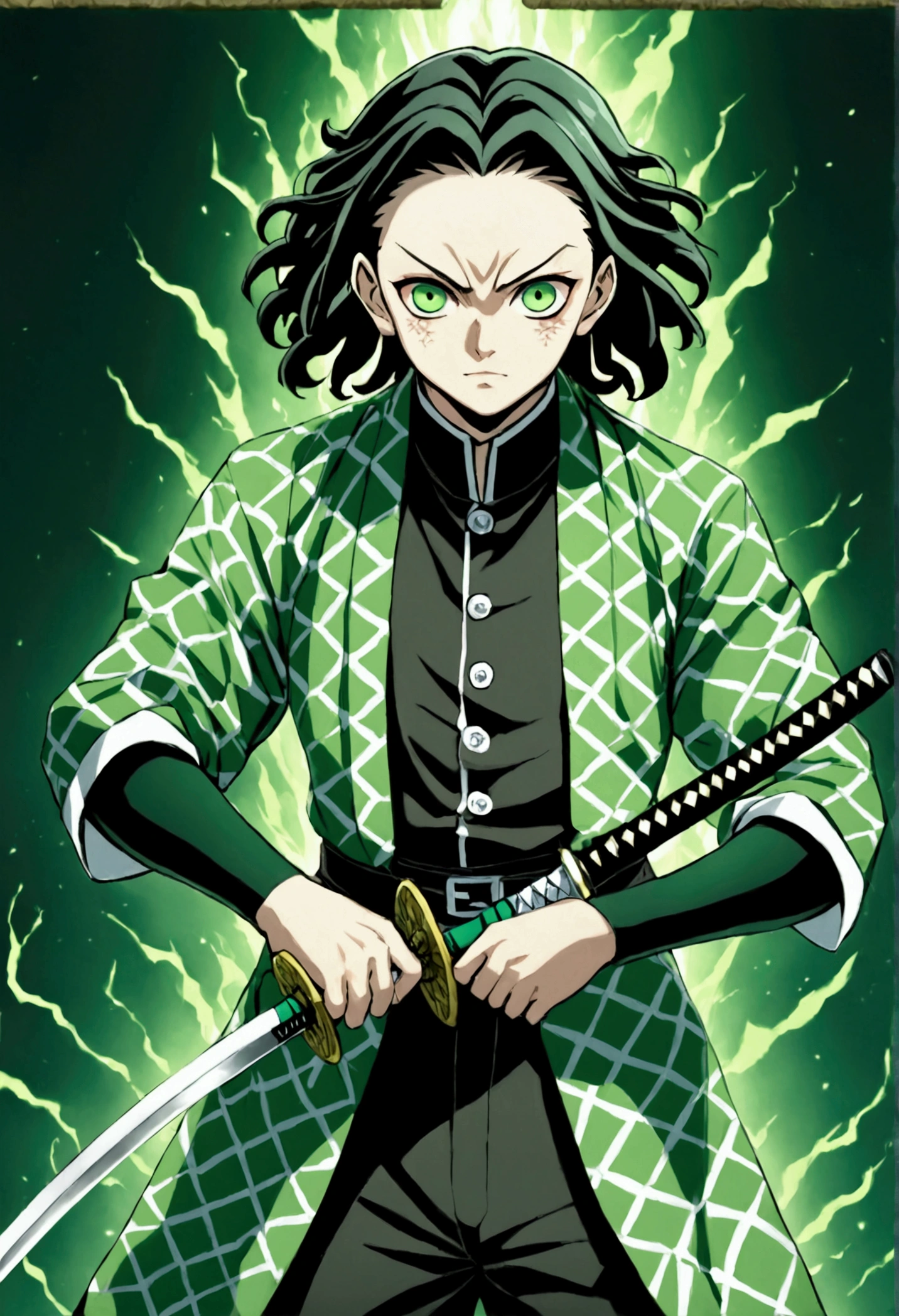 One Guy, young guy, Kimetsu no Yaiba, katana, toxic breathing style, green clothes, green eyes, sword slash, green sword aura, night backround, fixed arms, detailed arms and katana, human version, toxic aura swing