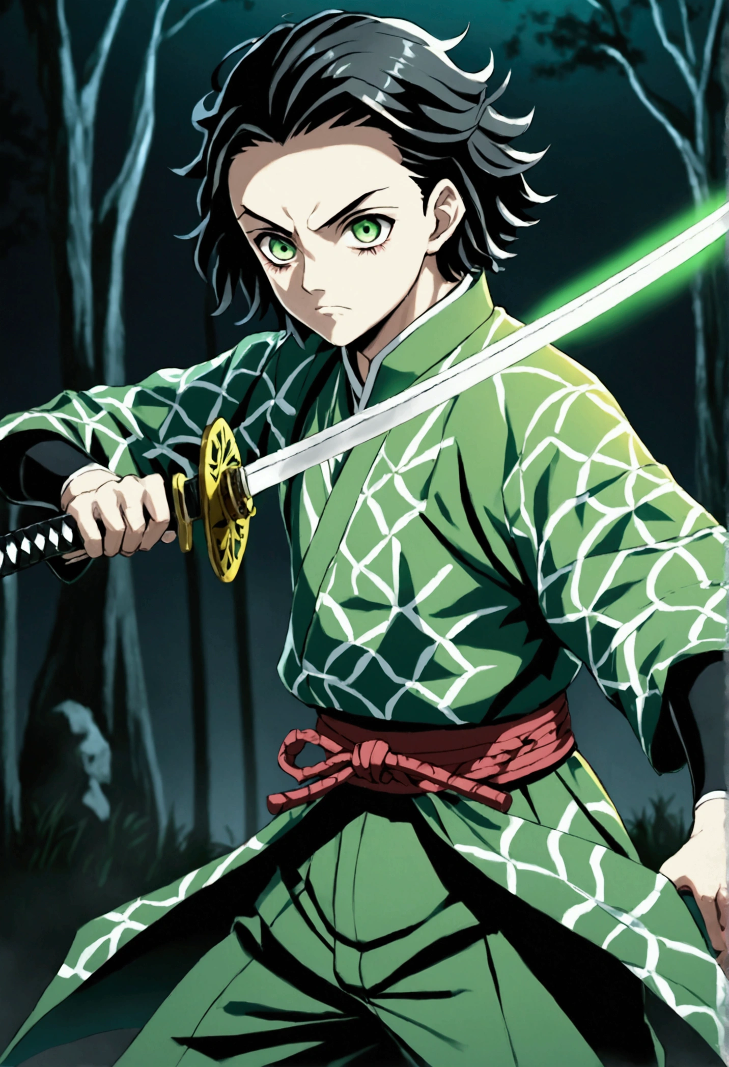 One Guy, young guy, Kimetsu no Yaiba, katana, toxic breathing style, green clothes, green eyes, sword slash, green sword aura, night backround, fixed arms, detailed arms and katana, human version, toxic aura swing