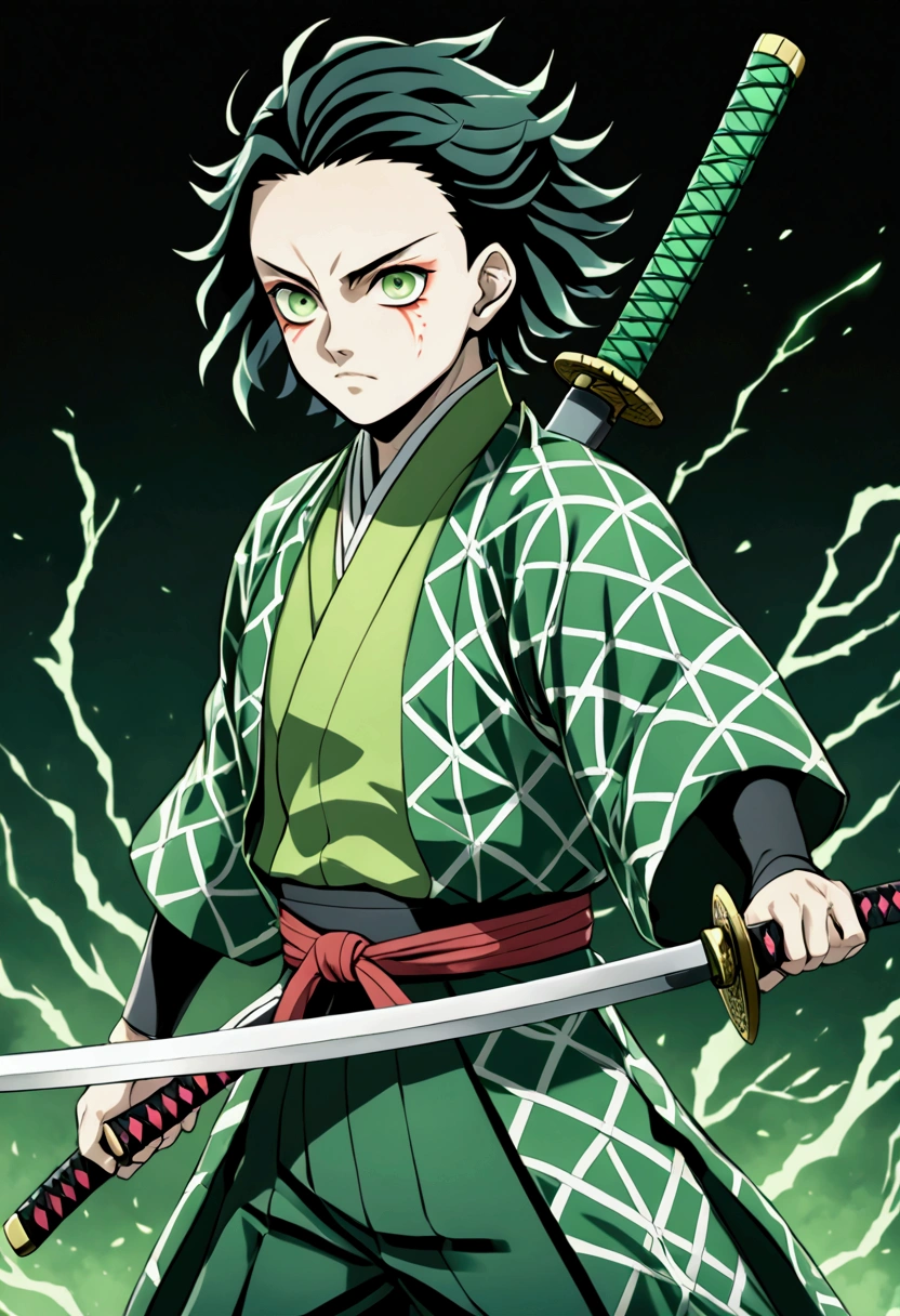 One Guy, young guy, Kimetsu no Yaiba, katana, toxic breathing style, green clothes, green eyes, sword slash, green sword aura, night backround, fixed arms, detailed arms and katana, human version, toxic aura swing