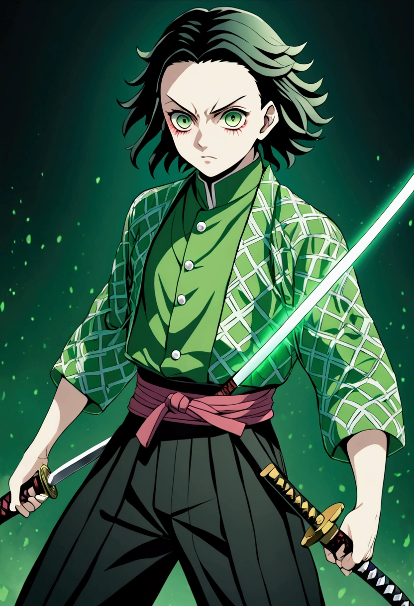 One Guy, young guy, Kimetsu no Yaiba, katana, toxic breathing style, green clothes, green eyes, sword slash, green sword aura, night backround, fixed arms, detailed arms and katana, human version, toxic aura swing