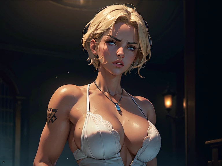 short Blonde hair, Blue eyes), beautiful woman, incredibly beautiful girl, masterpiece, feminine, (parts:0.8), bokeh, detailed eyes,, (arrogant, defiant look:1.4), dark studio, edge lighting, Two tone lighting, dimly lit, low key (detailed skin), lustful lips, ultra detailed, masterpiece, attractive body, deep (high quality) High Definition, , deep cleavage, open neckline, pendant , (tanned skin:1.2) strong abs, realistic skin details, visible pores, sharp focus, volumetric fog, 8k hd, high quality, film grain, White skin, photographic realism, lomography, Tattoo, full body, posing,