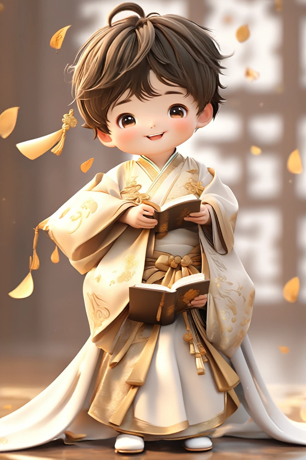  wearing light golden Hanfu，smiling, Cute numbers, Cute numbers艺术, Beautifully detailed digital art, Cute kawaii boy, Cute super realistic characters, Cute anime boy, Sweet laugh, Realistic cute boy, Beautiful character painting, Lovely characters,，Super realistic photo，Lovely portrait, Cute expression, Kawaii realistic portrait, Take a book and read