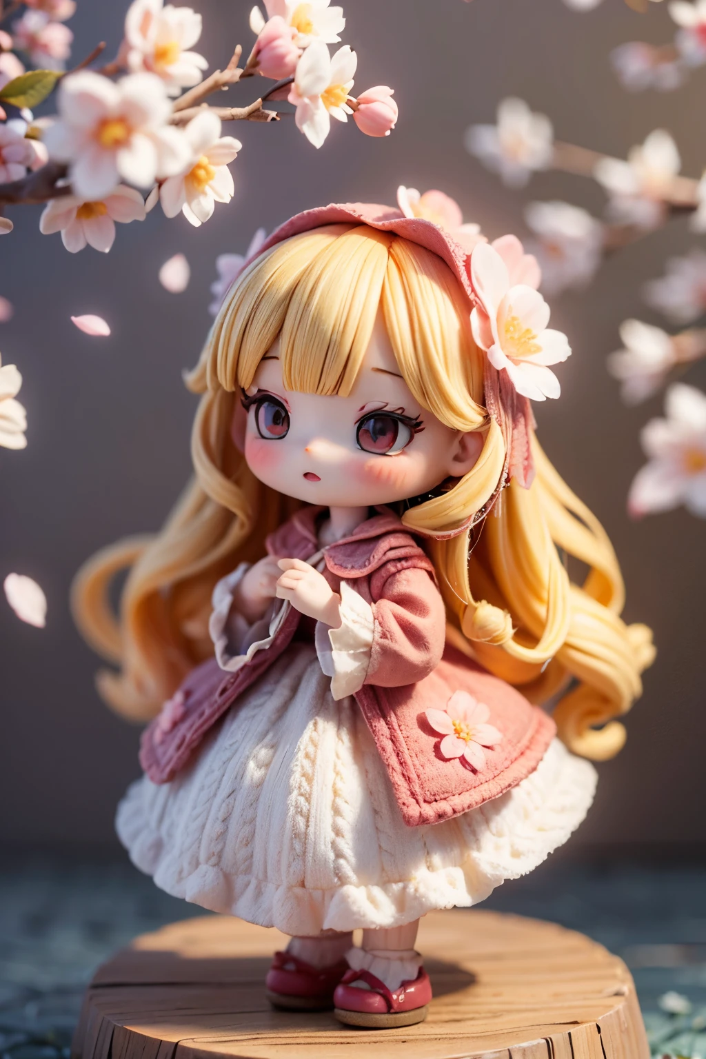 Doll standing in front of the painting、blonde、Yawning face、Rococo、(high definition figures)、Flowing cherry colored silk、cherry blossom petals、Flowing cherry blossom silk、Taken from the side、Bokeh effect strong、season!!: 🌸 ☀ 🍂 ❄