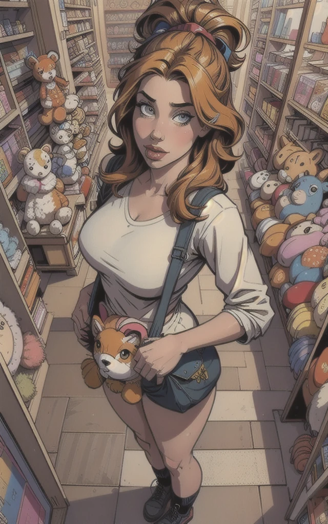masterpiece, best quality, high detailed, colorful, from above, solo, realistic, girl standing in a store with lots of stuffed animals on the shelves and a bag of stuff, hazel eyes, fisheye lens