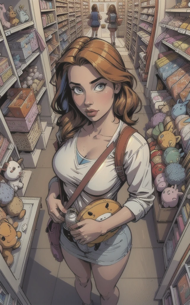 masterpiece, best quality, high detailed, colorful, from above, solo, realistic, girl standing in a store with lots of stuffed animals on the shelves and a bag of stuff, hazel eyes, fisheye lens