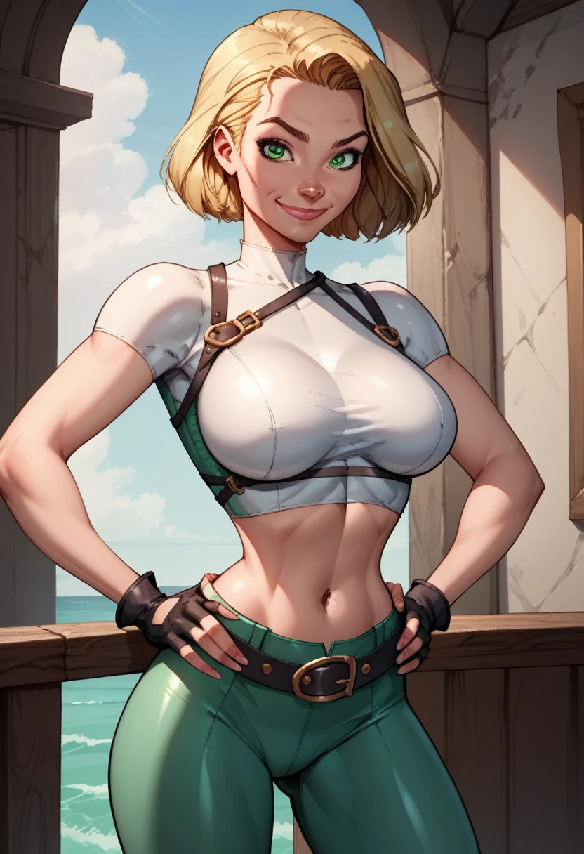 score_9, score_8_up, score_7_up,score_6_up, score_5_up, score_4_up , detailed soft lighting, 1girl, solo, large breasts, AchaseDG, hort hair, blonde hair, green eyes, plain white shirt, black gloves, crop top, green and black pants, belt, fingerless gloves, (tight clothes:1.3), hands on hips, looking at viewer, smile, closed mouth, (masterpiece, best quality, highly detailed, beautiful), on a yacht.