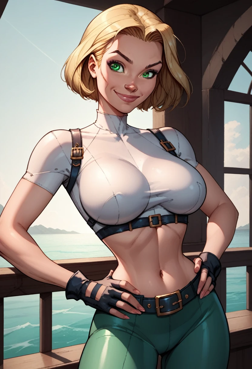 score_9, score_8_up, score_7_up,score_6_up, score_5_up, score_4_up , detailed soft lighting, 1girl, solo, large breasts, AchaseDG, hort hair, blonde hair, green eyes, plain white shirt, black gloves, crop top, green and black pants, belt, fingerless gloves, (tight clothes:1.3), hands on hips, looking at viewer, smile, closed mouth, (masterpiece, best quality, highly detailed, beautiful), on a yacht.