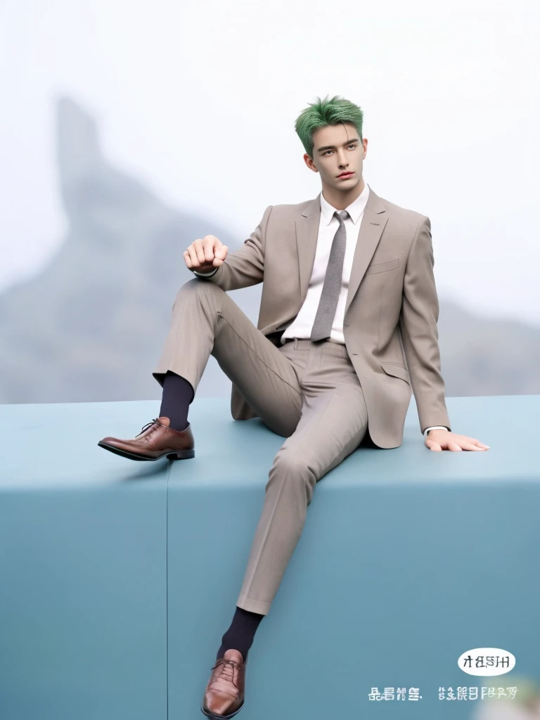 1 man, handsome, muscular, green hair, scar, black suit, black Oxford shoes, black socks, best quality, masterpiece, sitting, 