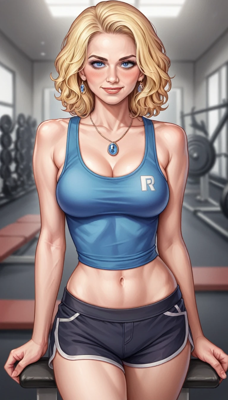 best quality, (Reality:1.8), ( Margot Robbie 2.0),(((Stunning blonde hair))), (blue eyes), Blue necklace, Gold earrings, fit, Beautiful Body, Pale skin, pelo long teñido de verde, Eyes bright in the moonlight., long, Detailed Tags) Seductive smile sexy facial expression, blush, Thick thighs, Stand in a dynamic position, Wearing a sweatshirt, Tank top and shorts, At the gym, Perfect masterpiece, best quality, Better resolution, 巨Large target乳房, Large target