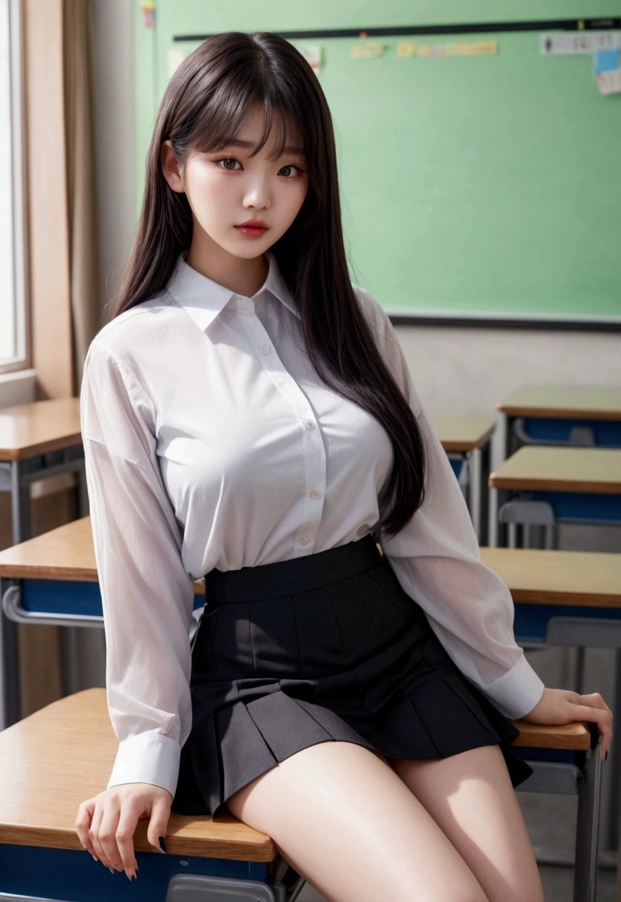 1girl, realistic, eye and face details, full lips, lipstick, (makeup), face hd, Asian woman with black hair, coreana, asian features, young cute wan asian face, Ulzzang, asian face, a young Asian woman, white shirt, asian, AESPA,wonyoung, wonyoung IVE, kim jennie, black hair, long black hair, blurry background, hoooooyeony, HoYeon Jung, busty famele, girl with bangs, big, serious girl, top, atractive asian girl, school background, classroom, white shirt, , skirt, 19 years old, 20 years old, 21 years old, Japanese, Asian, Asian features, cute face , she is sitting at the desk, Her massive breasts, short hair
