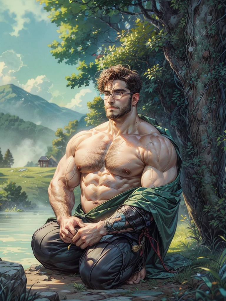 crew cut, (((full body))), (((landscape))), mature man, [slightly fat], asian man, rounded face, brown eyes, ((rounded face)), glasses, balding, 1boy, Solo, (big shoulders), (((stubbles, Short beard))),((Best quality)), ((masterpiece)), (detailed), ((perfect face)), ((halfbody)) Amidst a tranquil slumps, a handsome young character from saga frontier 2, resides in a cozy home, where he channels his creative energy into capturing the enchanting harmony between nature and his inner world. As day turns to night, the moonlight envelops his canvas, revealing a breathtaking masterpiece that embodies the essence of his soul's journey and the beauty he discovers within himself."