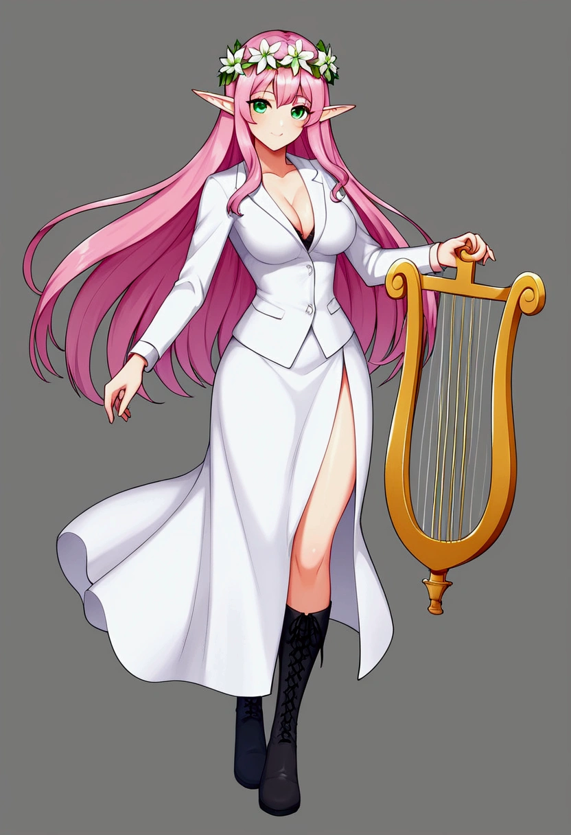 beautiful elf, long pink hair and blue streaks hair, green eyes, with flower crown, holding a lyre, full body, black boots
