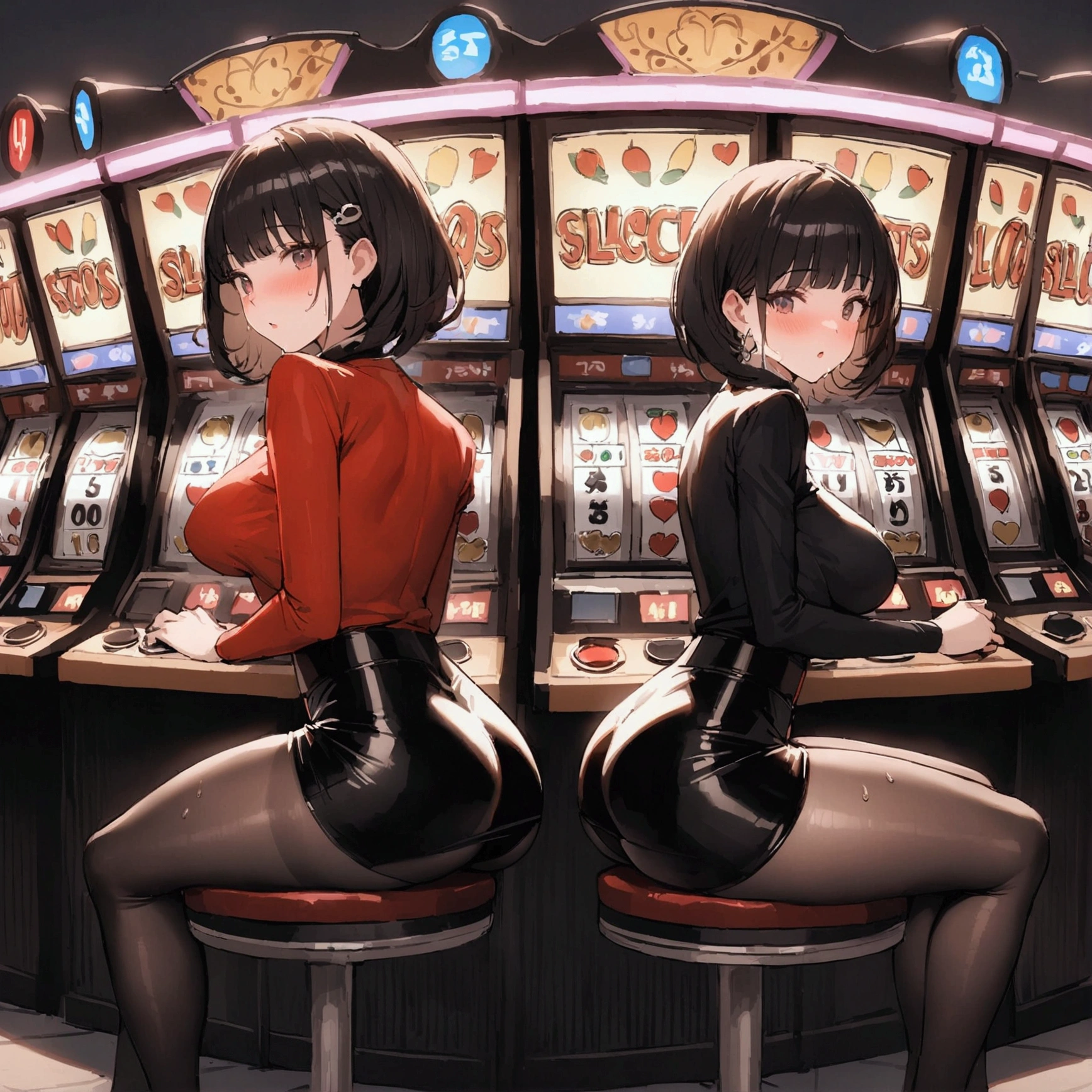 Three Women、Pachinko parlor、Playing slots、Sit on a chair、Place your hand on the slot lever、Play slots、Facing the slots、Hit the lever、Facing the slot machine、Large crowd、beautiful girl, Highest quality,  Black Pantyhose、Short tight skirt、panties under pantyhose、Thick thighs、Big 、Big Ass、Short Hair、Sweaty body、Sweaty crotch、Orgasmic face、Dirty sound effects、??????? in a flashy way、目の前にLarge crowd、A ton of slot machines、Slot King Pulsar Sitting Cross Legged