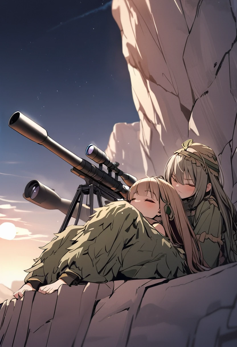 Highest quality、masterpiece、On top of a small cliff、Two-man Cell、Sniper and Spotter、Spotter observing、Sniper taking a nap、Ghillie Suit、