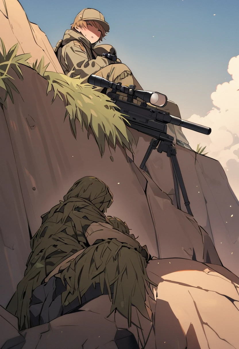 Highest quality、masterpiece、On top of a small cliff、Two-man Cell、Sniper and Spotter、Spotter observing、Sniper taking a nap、Ghillie Suit、