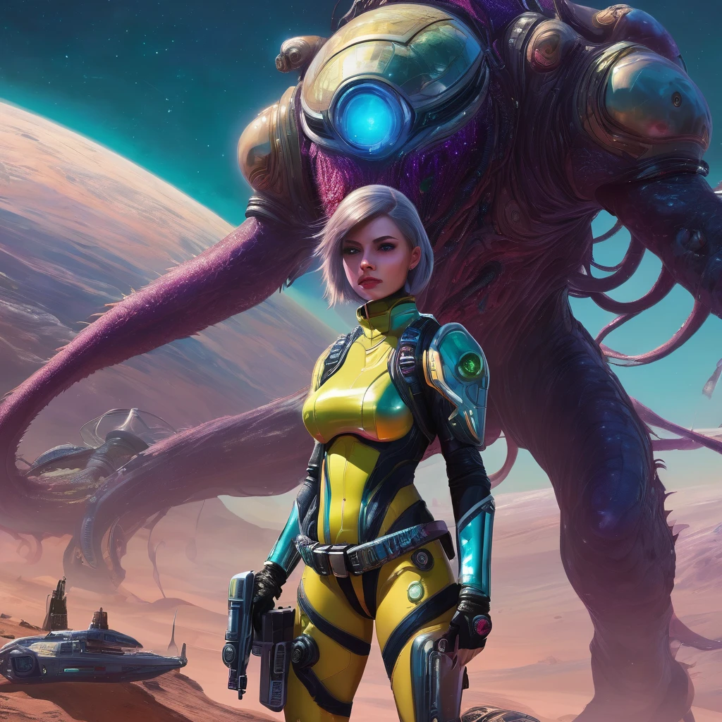 A sci fi damsel in a sexy space suit back away from an eldritch tentacle beast, rocky alien world