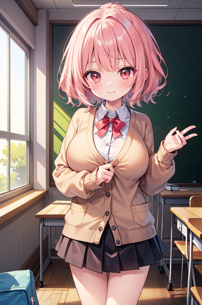Fantasy,((Masterpiece)),((high resolution)),((Best Quality)),Anime illustration,(((1girl))),,(wavy hair),(short hair),(pale pink hair color),small ponytail,Red eyes,(Big round eyes),((tareme)),12 years old,((loli face)),((very big breasts)),Short stature,Young,,,cardigan,mini skirt,smile,Ladylike,classroom,
