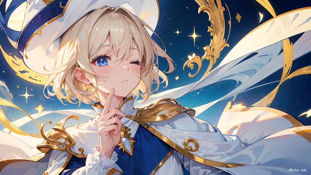 (Highest quality) (4K) (8k) (High resolution) (masterpiece:1.2) (Super detailed) One boy short hair Wizard Blue Eyes Long sleeve Golden decoration Hair between the eyes Closed Mouth White Dress Wavy golden hair Upper Body White hat (White Background) Embarrassed Being spoiled (Looking up) (Cast a spell) front Face close-up
