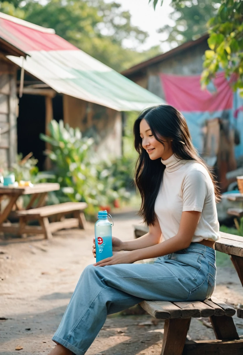 A serene photo of a young woman sitting on a wooden bench in a rustic outdoor setting. Her long black hair cascades down her back, and she is dressed in a white turtleneck, light blue jeans, and pink sandals. She holds a water bottle in her right hand, and her gentle smile conveys a sense of calm and relaxation. The weathered environment features old walls, a green metal door adorned with stickers and posters, and an Indonesian triangle flag banner. An old wooden food cart vendor adds character to the scene, while the ground beneath her is a mix of bare asphalt and patches of wild grass and leaves., photo