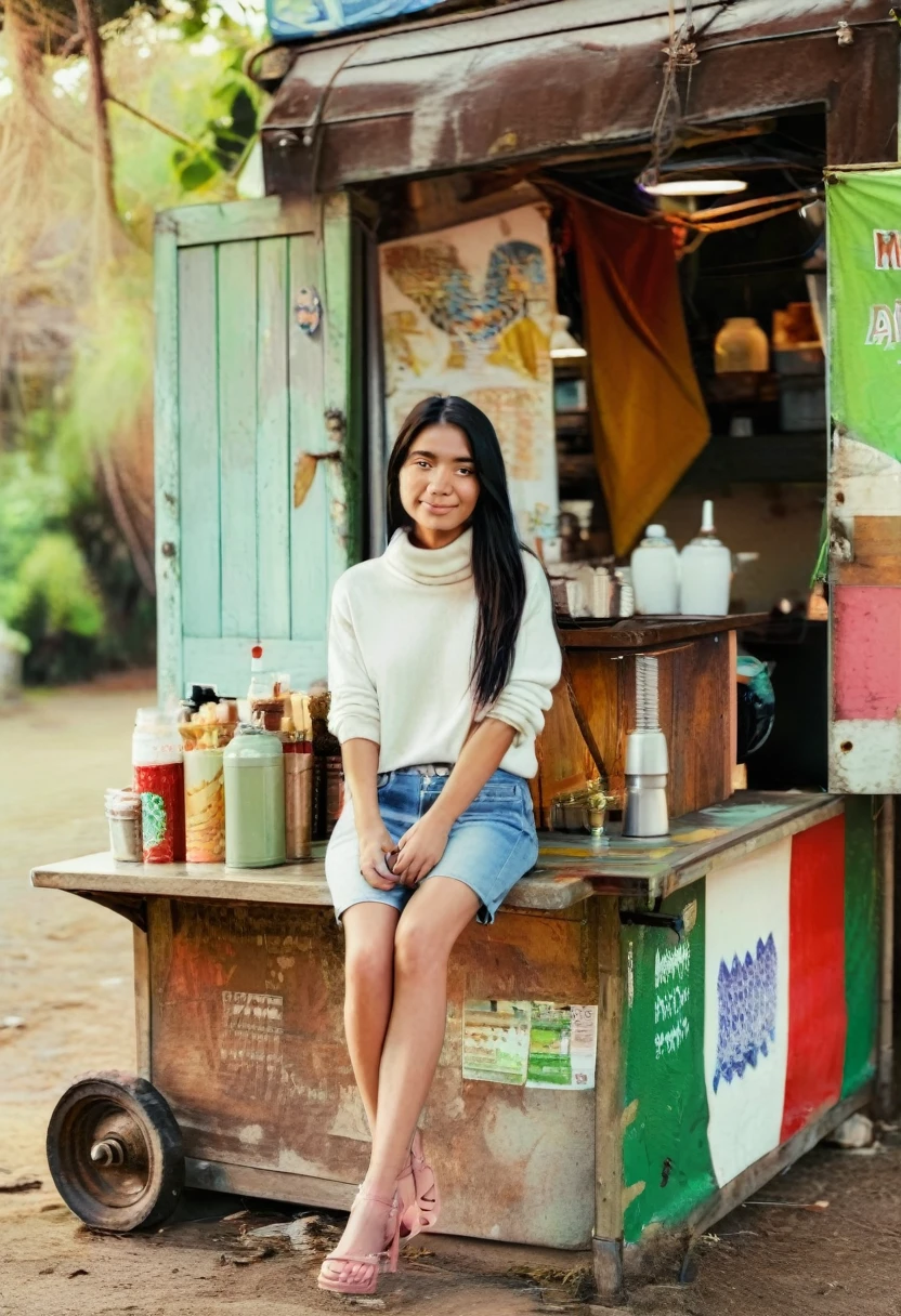 A serene photo of a young woman sitting on a wooden bench in a rustic outdoor setting. Her long black hair cascades down her back, and she is dressed in a white turtleneck, light blue jeans, and pink sandals. She holds a water bottle in her right hand, and her gentle smile conveys a sense of calm and relaxation. The weathered environment features old walls, a green metal door adorned with stickers and posters, and an Indonesian triangle flag banner. An old wooden food cart vendor adds character to the scene, while the ground beneath her is a mix of bare asphalt and patches of wild grass and leaves., photo