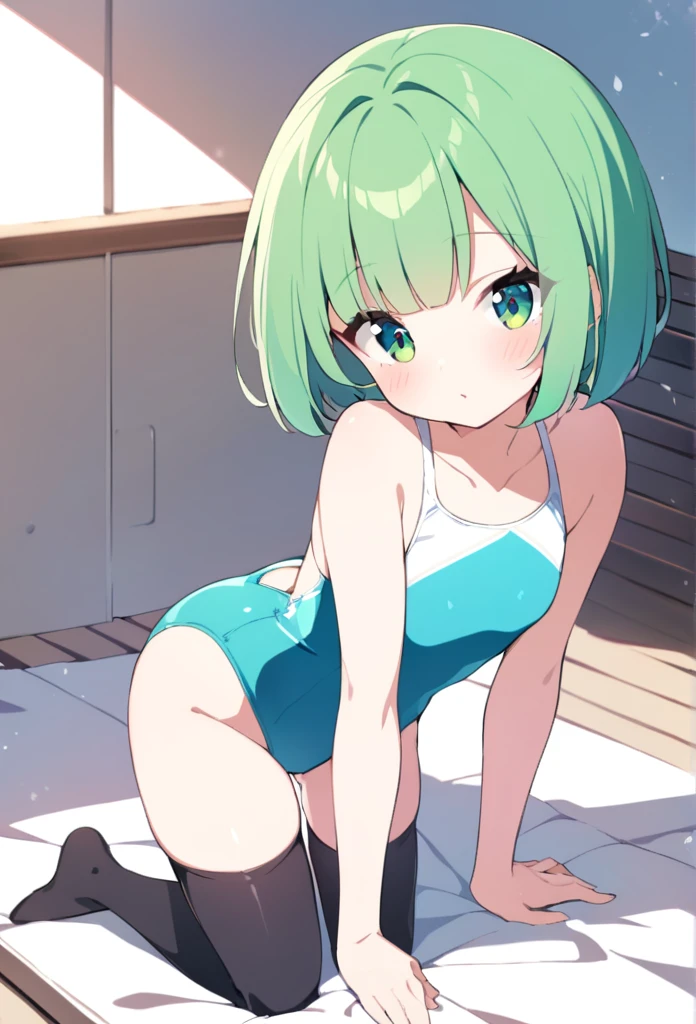 1 girl, cute, young, green hair, bob haircut, green eyes, One-piece Swimsuit, thigh high,