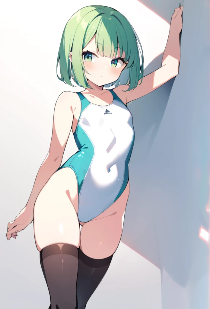 1 girl, cute, young, green hair, bob haircut, green eyes, One-piece Swimsuit, thigh high,