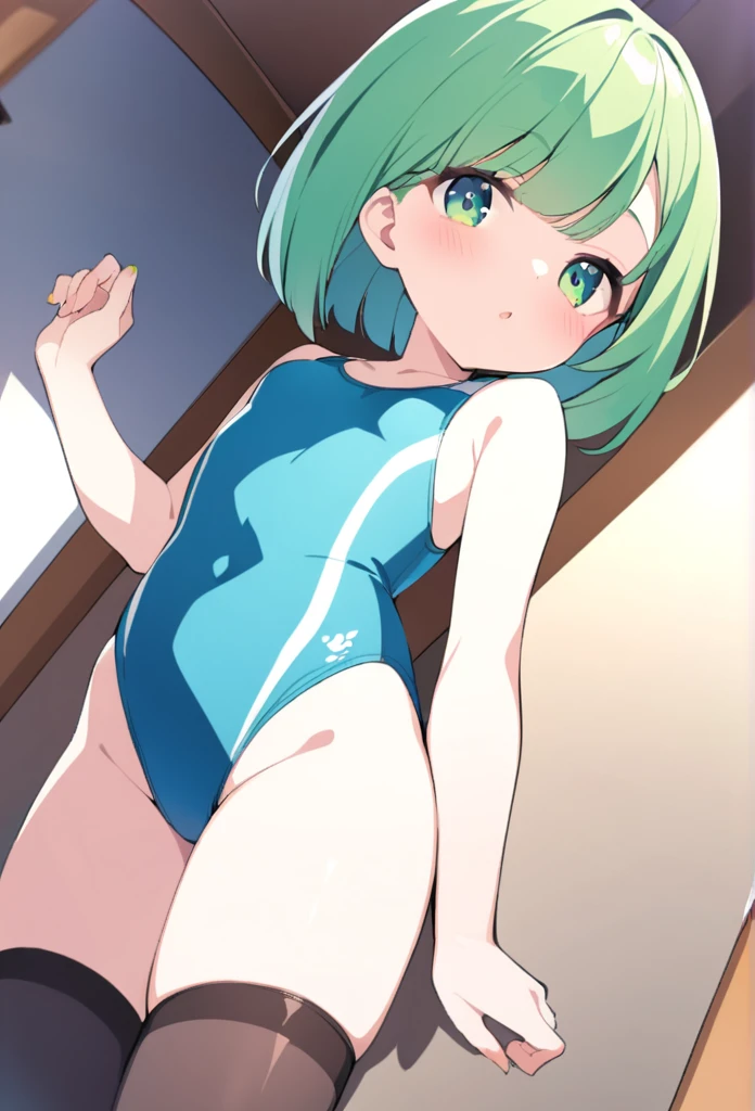 1 girl, cute, young, green hair, bob haircut, green eyes, One-piece Swimsuit, thigh high,