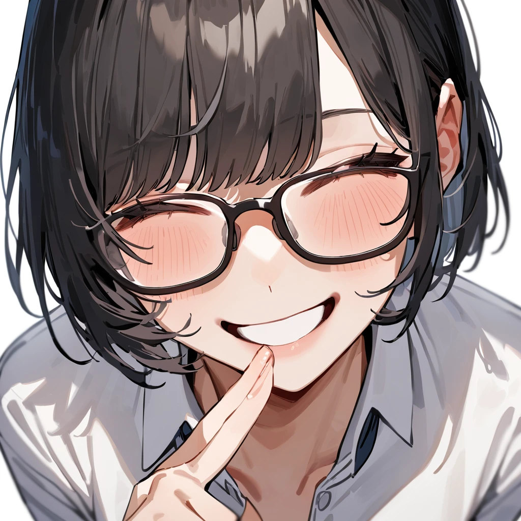 masterpiece, Highest quality, so beautiful, Absurd,
One girl, alone, Black Hair, Bobcut,
Thermont 16A, Glasses,
Collared shirt, Happy, smile, Sticking out tongue、Ecstatic expression、View your viewers, Glassesの調整, White Background, Simple Background,