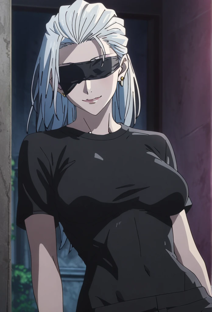 1girl, female gojo satoru, anime screencap from jujutsu kaisen, gojo satoru female version, solo, long_hair, ((wearing black blindfold)) ((White_hair, hair slicked from one side)), night view, (hanging breasts) upper_body, smile, indoors, book, lips, (slightly straight hair) ((wearing black colour body tight t shirt and black colour pant)) breast, "very detailed and high resolution" (black blindfold) ((solo)) (((front view))) (earings) ((high resolution)) ((good quality)) ((hair slicked from one side))