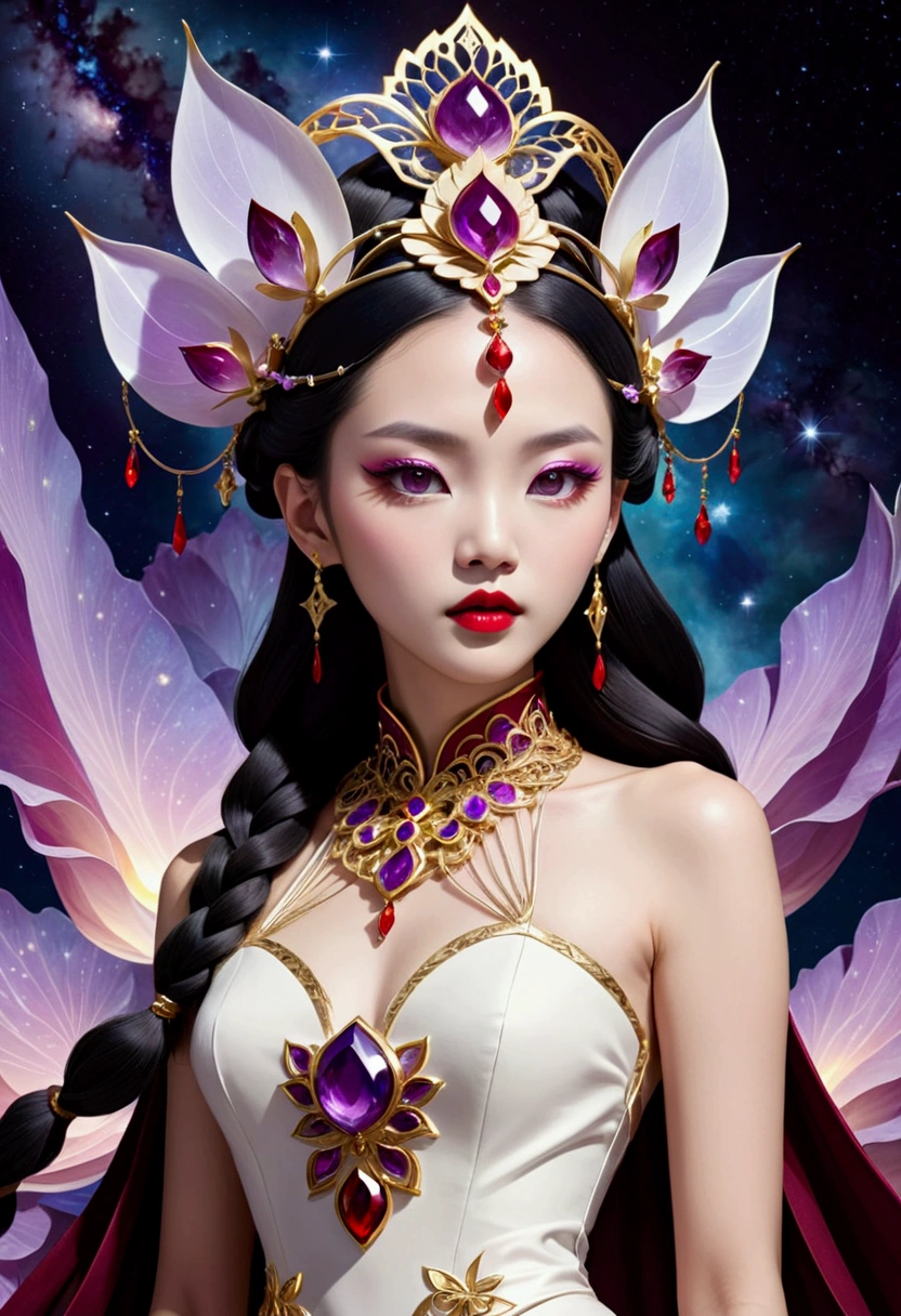（fashion show：1.3），G Liulian art style, Female model wearing an extraordinary avant-garde dress，Looking at the audience, Perfect eyes, High detail face, Double braid, lotus, Headdress, Violet necklace, Porcelain skin contrasts with deep red lips，Exudes an otherworldly beauty，Surreal contrasts，Layered Outlines，Complex Mode，Depth and size，translucent，Crystal structure，glowing lines，Fluorescence，Glow Example，Tracking Example，Backlight，Light particle blur，fantasy, Night Sky, Star, nebula, White crystal, moonlight, summer, Fractal background